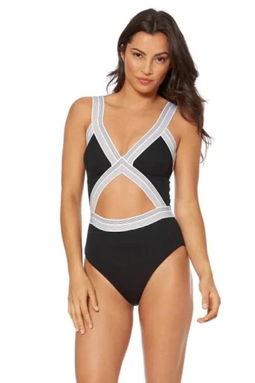 Dolce Vita Fast Lane Blair Cutout One-Piece Swimsuit Black/White/Blue XL NWT